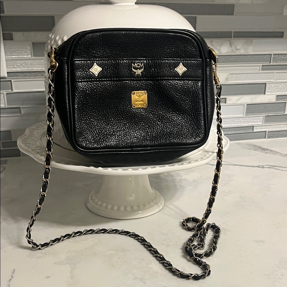 MCM Black Leather Crossbody with Gold Hardware
